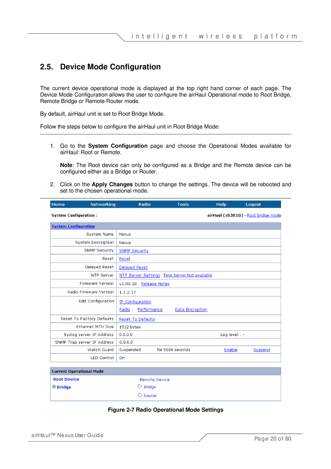 SmartBridges sB3010 manual Device Mode Configuration, Radio Operational Mode Settings 