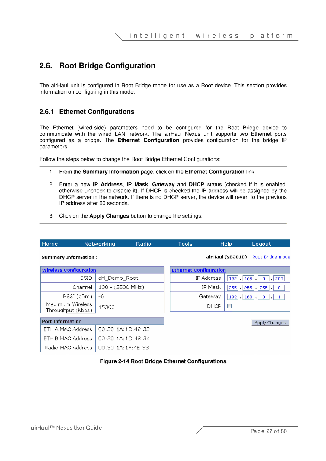 SmartBridges sB3010 manual Root Bridge Configuration, Ethernet Configurations 