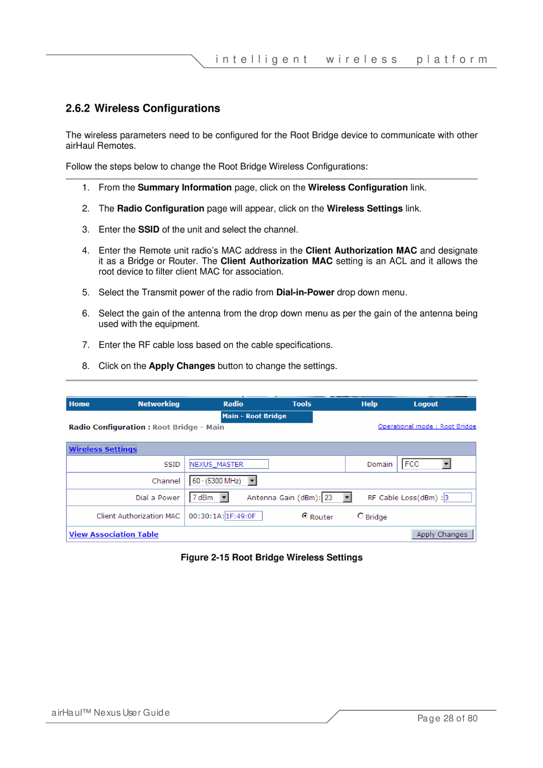 SmartBridges sB3010 manual Wireless Configurations, Root Bridge Wireless Settings 