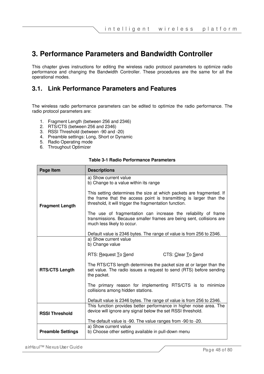 SmartBridges sB3010 manual Performance Parameters and Bandwidth Controller, Link Performance Parameters and Features 