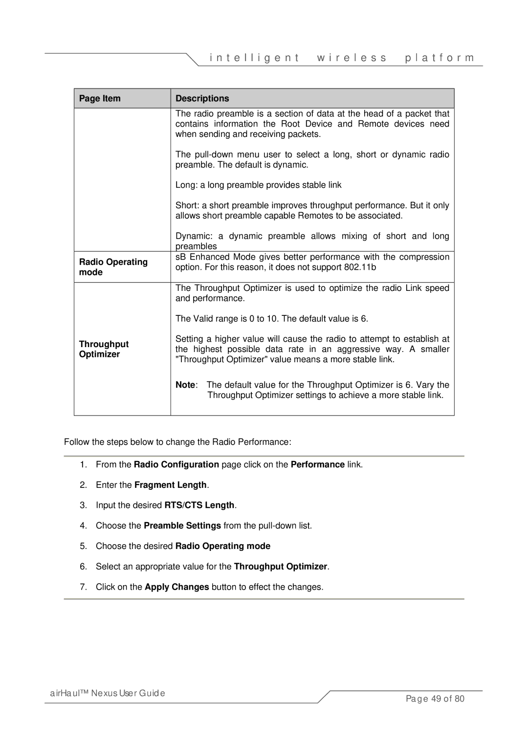 SmartBridges sB3010 manual Radio Operating, Throughput, Optimizer, Enter the Fragment Length 