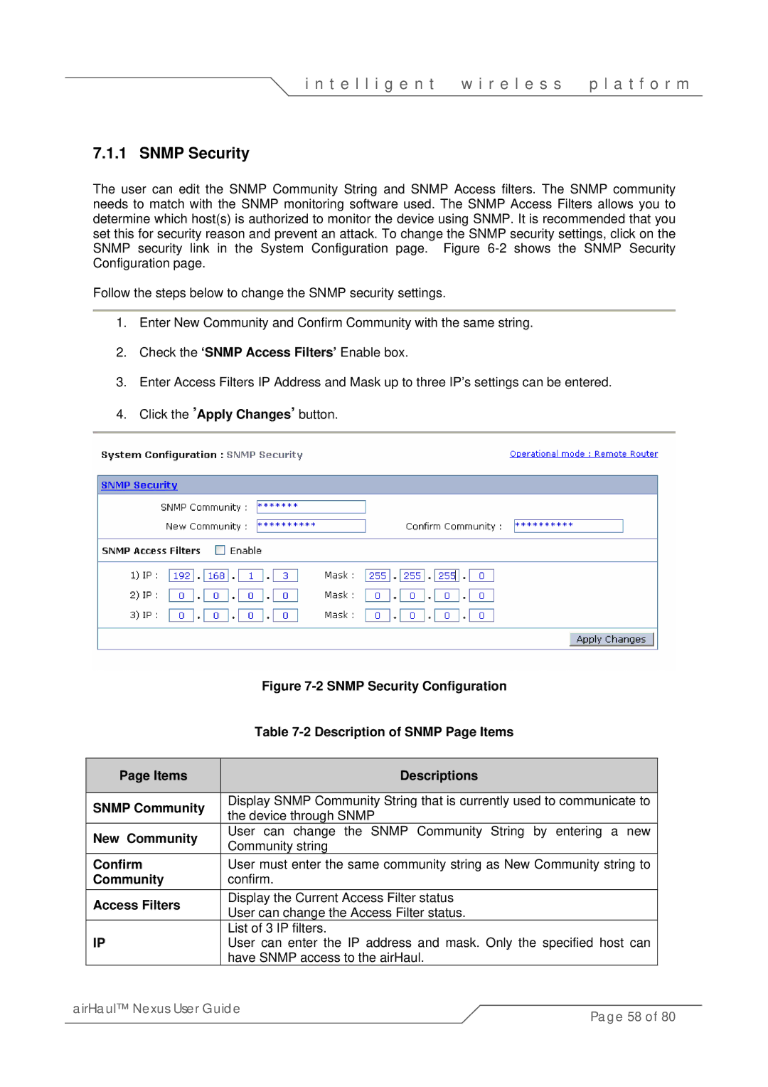 SmartBridges sB3010 manual Snmp Security, Check the ‘SNMP Access Filters’ Enable box 