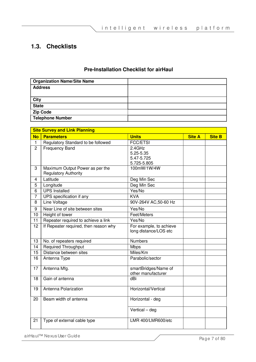 SmartBridges sB3010 manual Checklists, Pre-Installation Checklist for airHaul 