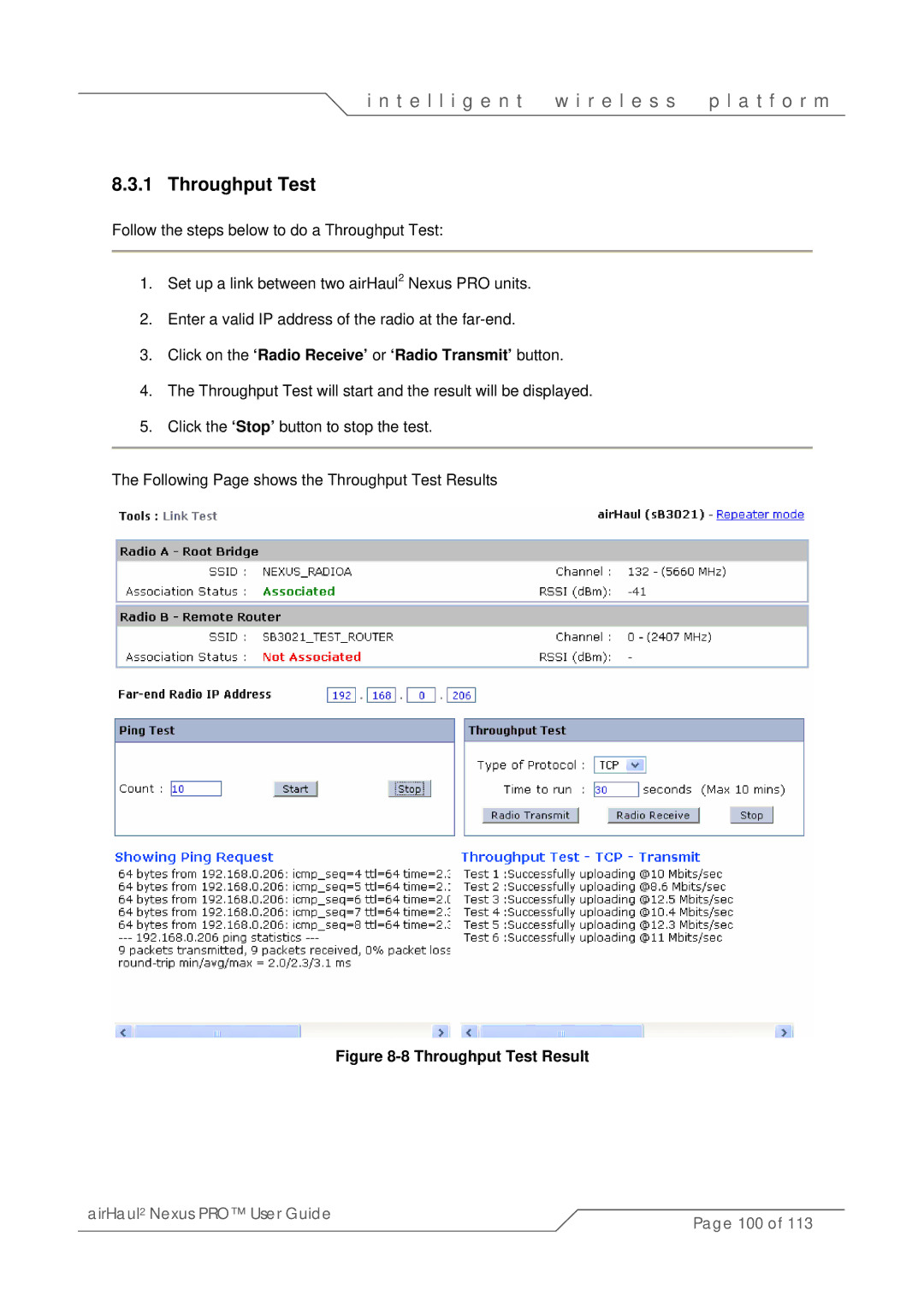 SmartBridges sB3021 manual Throughput Test, Click on the ‘Radio Receive’ or ‘Radio Transmit’ button 