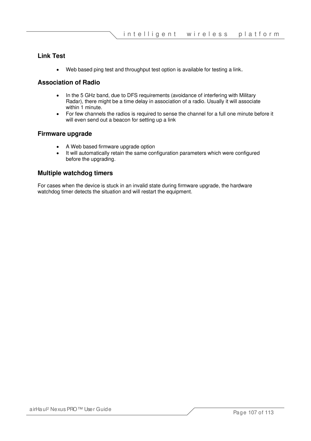 SmartBridges sB3021 manual Link Test, Association of Radio, Firmware upgrade, Multiple watchdog timers 