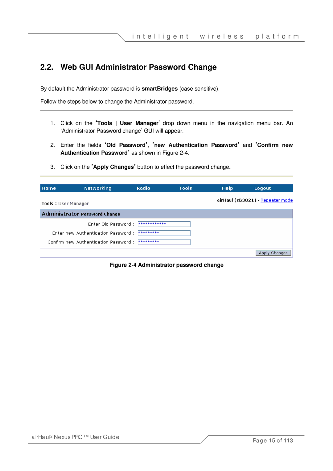 SmartBridges sB3021 manual Web GUI Administrator Password Change, Administrator password change 