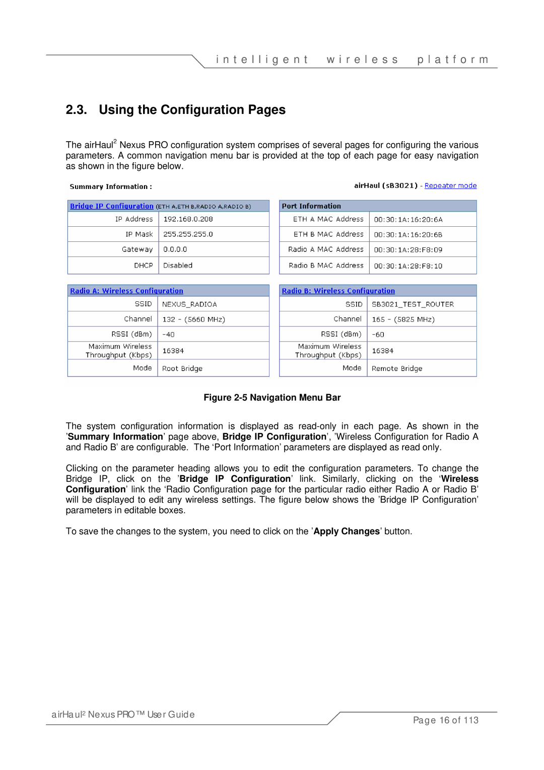 SmartBridges sB3021 manual Using the Configuration Pages, Navigation Menu Bar 