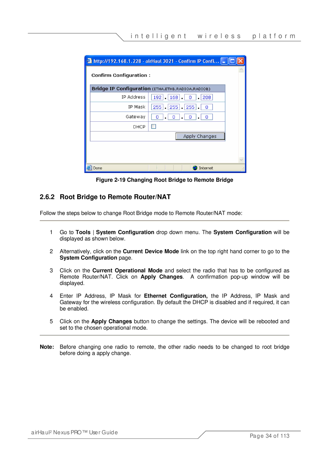 SmartBridges sB3021 manual Root Bridge to Remote Router/NAT, Changing Root Bridge to Remote Bridge 