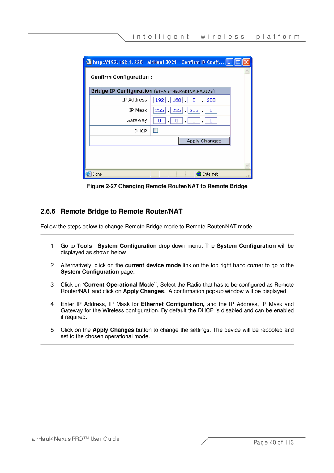 SmartBridges sB3021 manual Remote Bridge to Remote Router/NAT, Changing Remote Router/NAT to Remote Bridge 