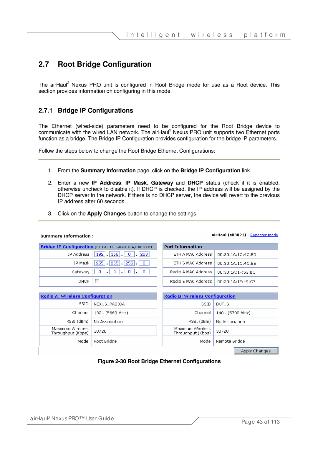 SmartBridges sB3021 manual Root Bridge Configuration, Bridge IP Configurations 