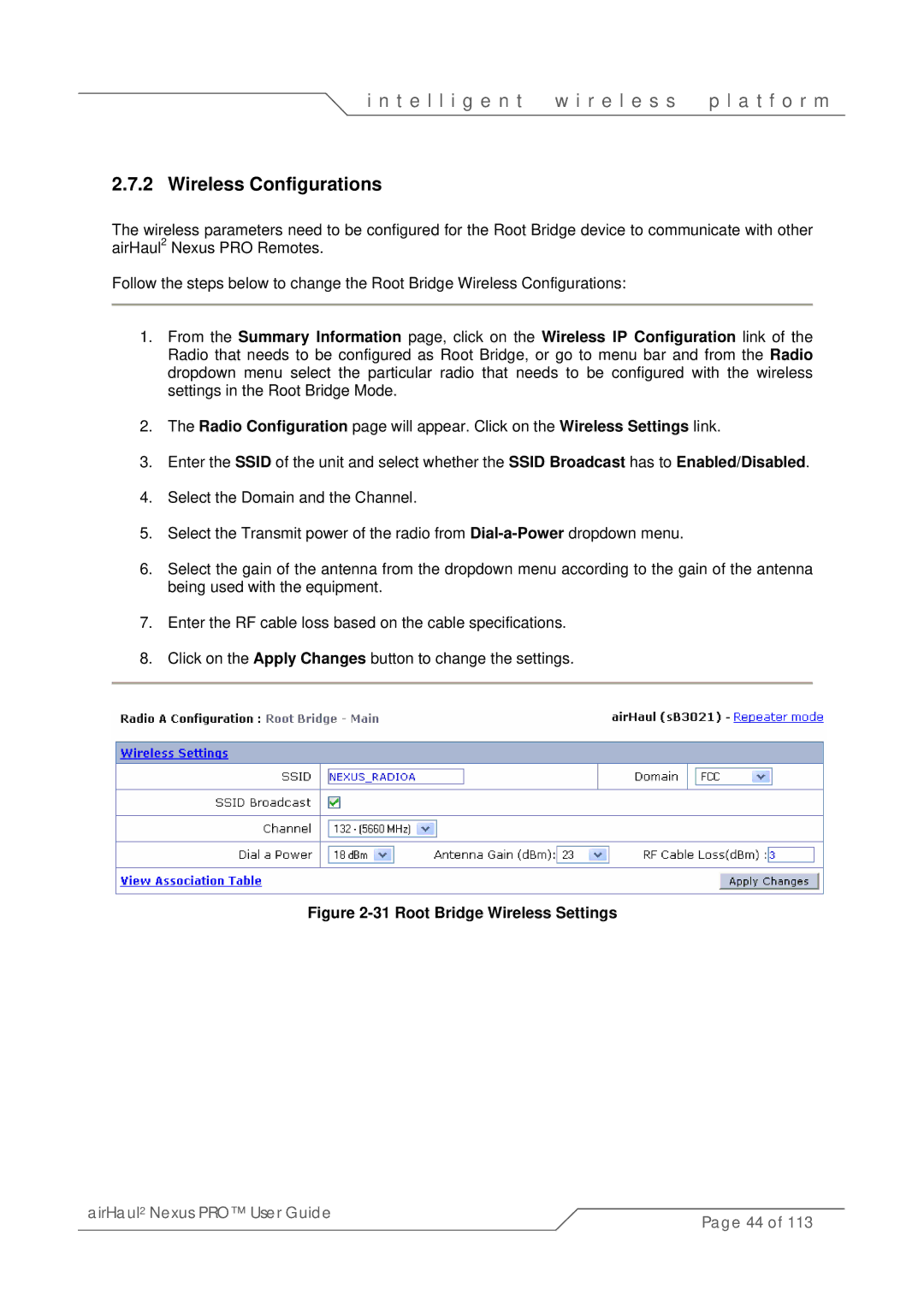 SmartBridges sB3021 manual Wireless Configurations, Root Bridge Wireless Settings 