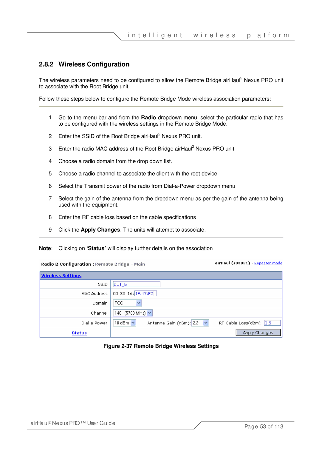 SmartBridges sB3021 manual Wireless Configuration, Remote Bridge Wireless Settings 