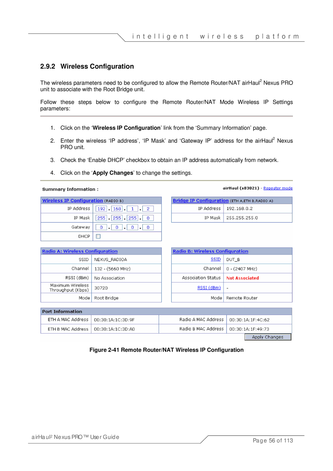 SmartBridges sB3021 manual Remote Router/NAT Wireless IP Configuration 