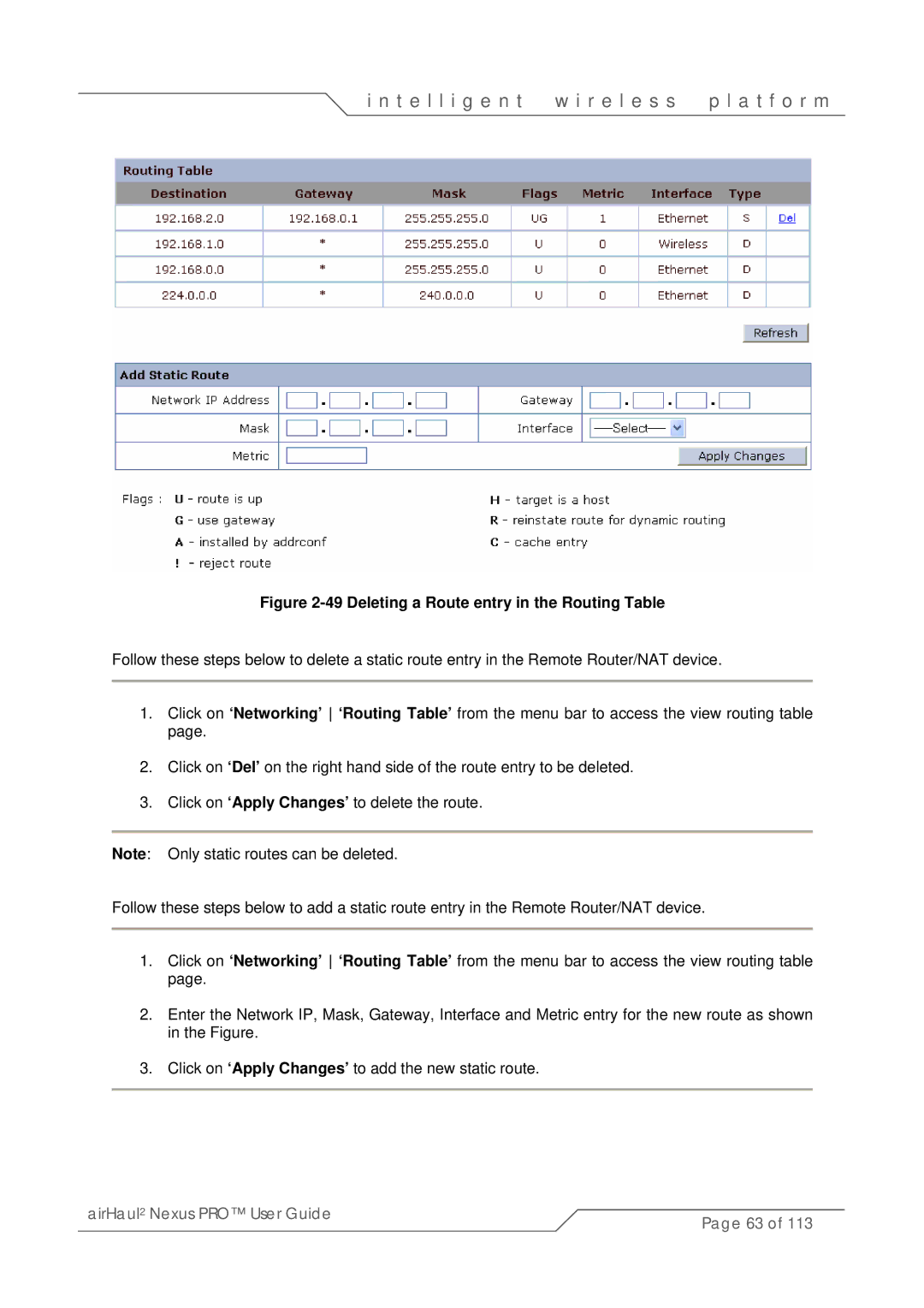 SmartBridges sB3021 manual Deleting a Route entry in the Routing Table 