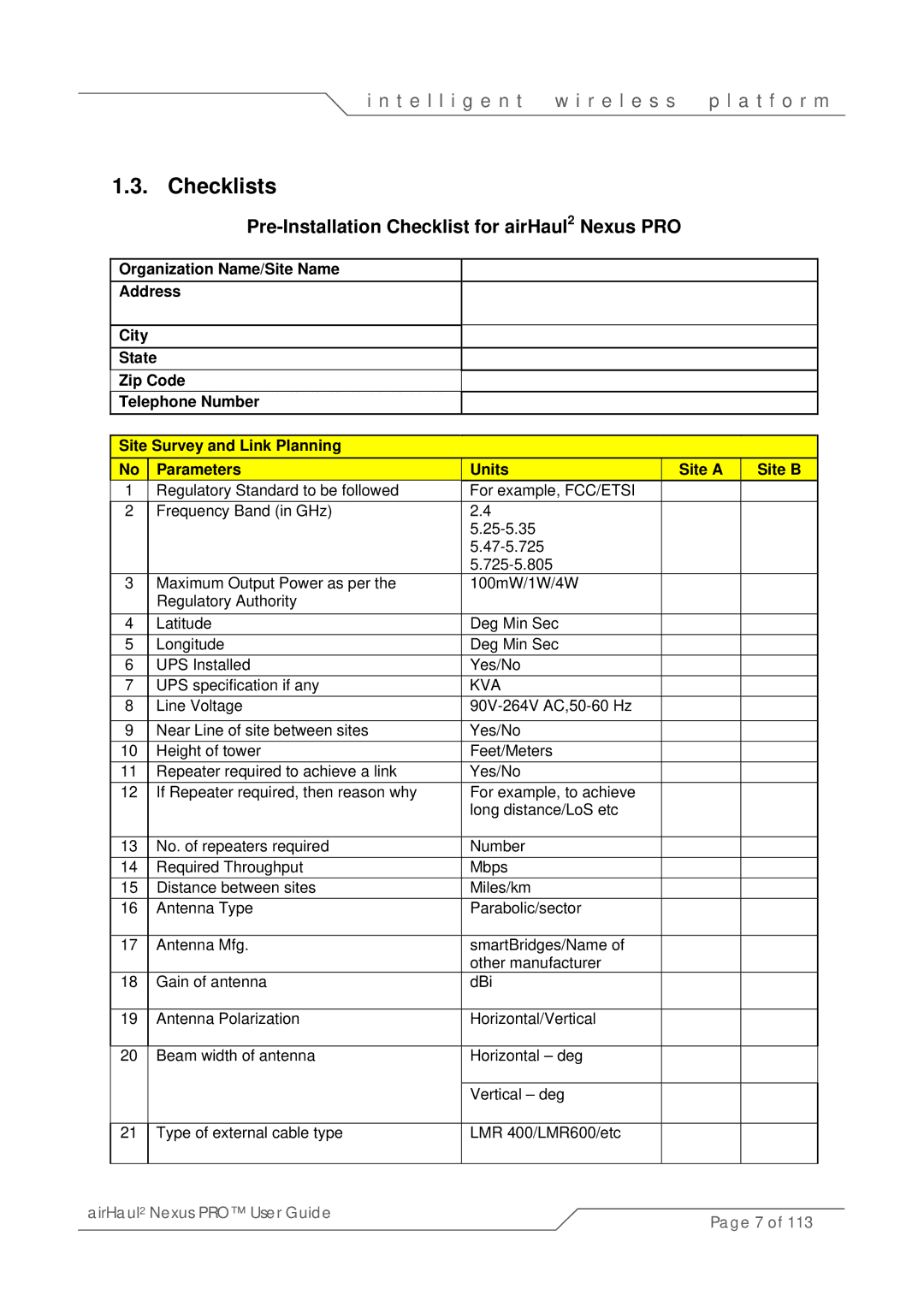 SmartBridges sB3021 manual Checklists, Pre-Installation Checklist for airHaul2 Nexus PRO 