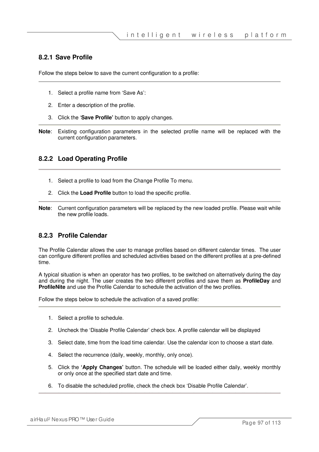 SmartBridges sB3021 manual Save Profile, Load Operating Profile, Profile Calendar 