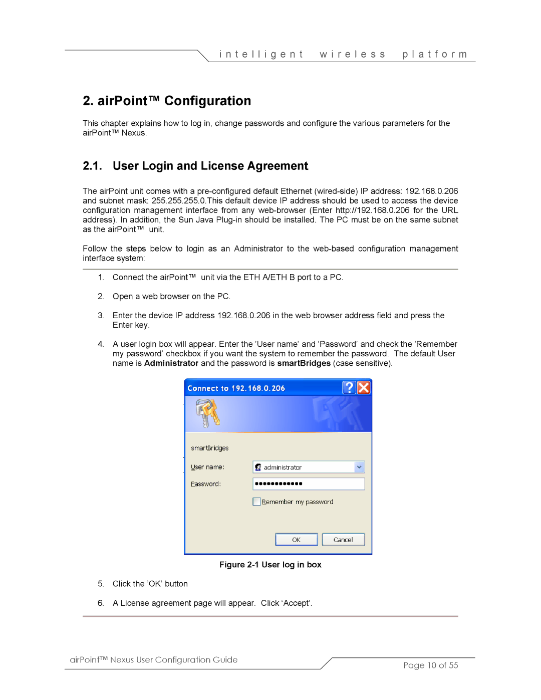 SmartBridges sB3210 manual AirPoint Configuration, User Login and License Agreement 