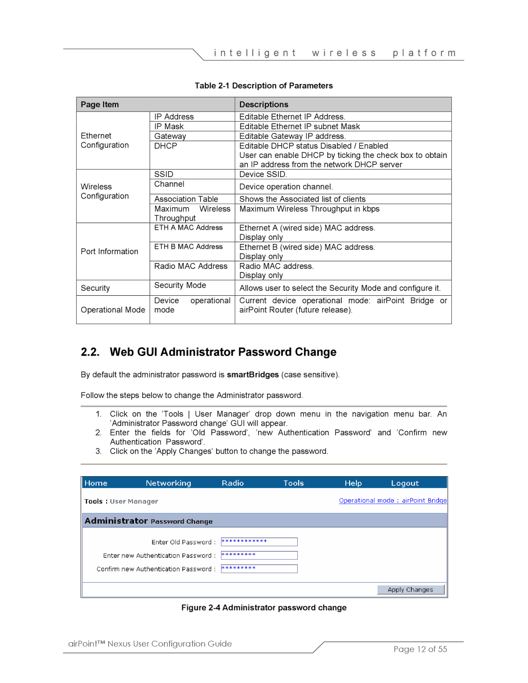 SmartBridges sB3210 manual Web GUI Administrator Password Change, Description of Parameters Descriptions 