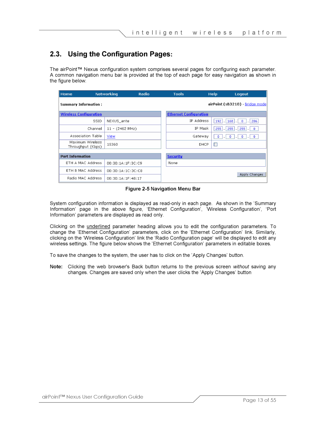 SmartBridges sB3210 manual Using the Configuration Pages, Navigation Menu Bar 