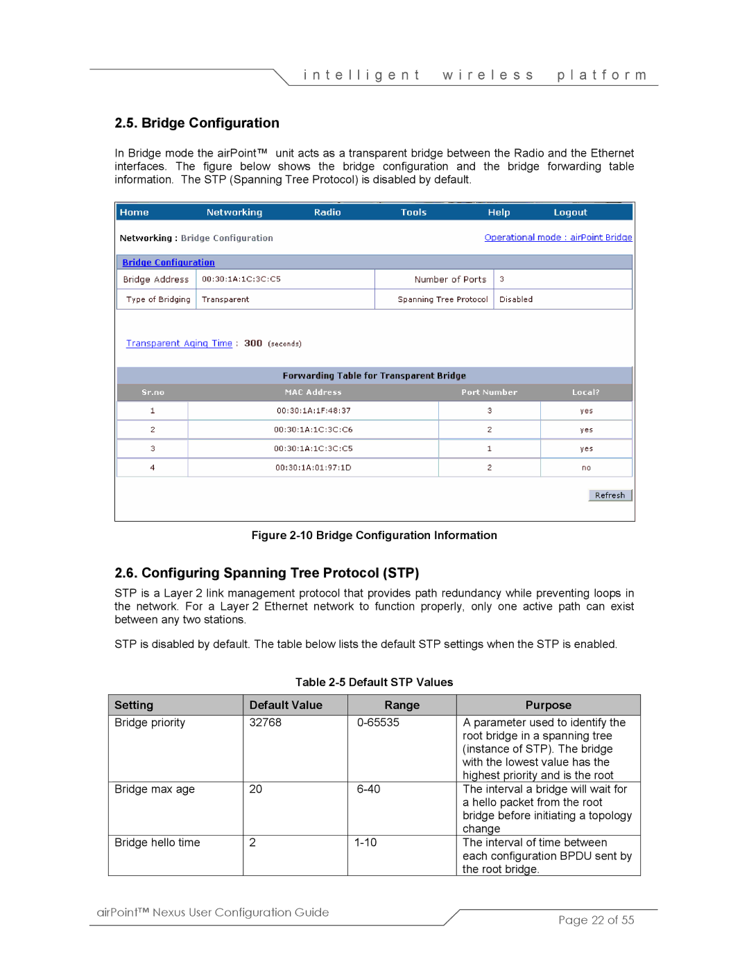 SmartBridges sB3210 manual Bridge Configuration, Configuring Spanning Tree Protocol STP 