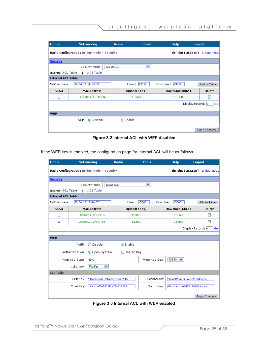 SmartBridges sB3210 manual Internal ACL with WEP disabled 