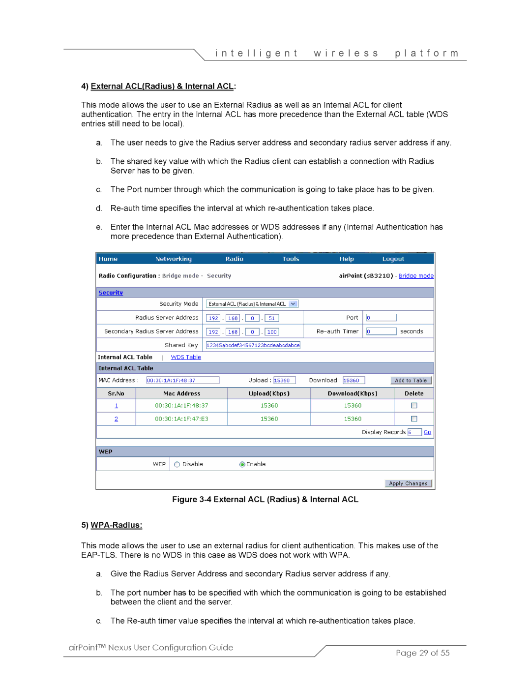 SmartBridges sB3210 manual External ACLRadius & Internal ACL, External ACL Radius & Internal ACL WPA-Radius 