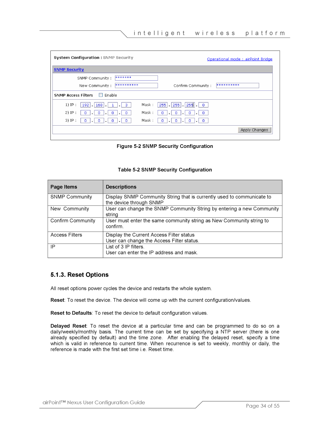 SmartBridges sB3210 manual Reset Options, Snmp Security Configuration 