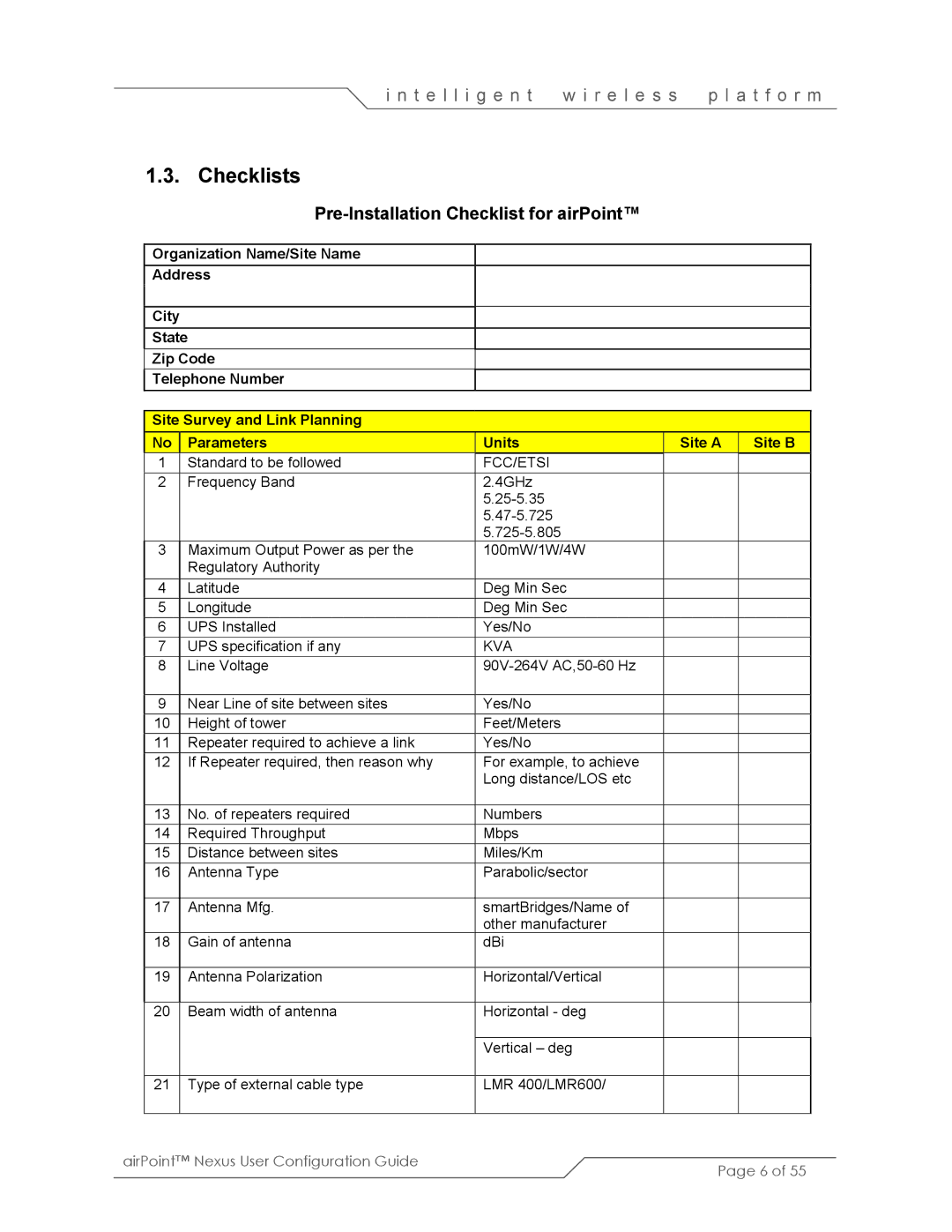 SmartBridges sB3210 manual Checklists, Pre-Installation Checklist for airPoint 