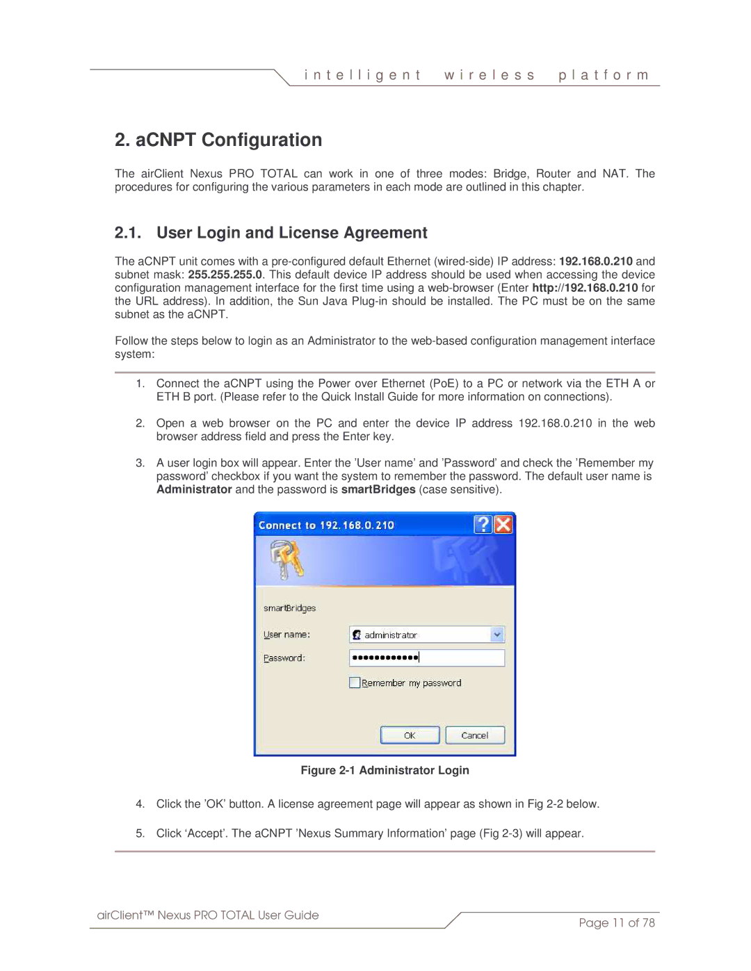 SmartBridges sB3412 manual ACNPT Configuration, User Login and License Agreement 