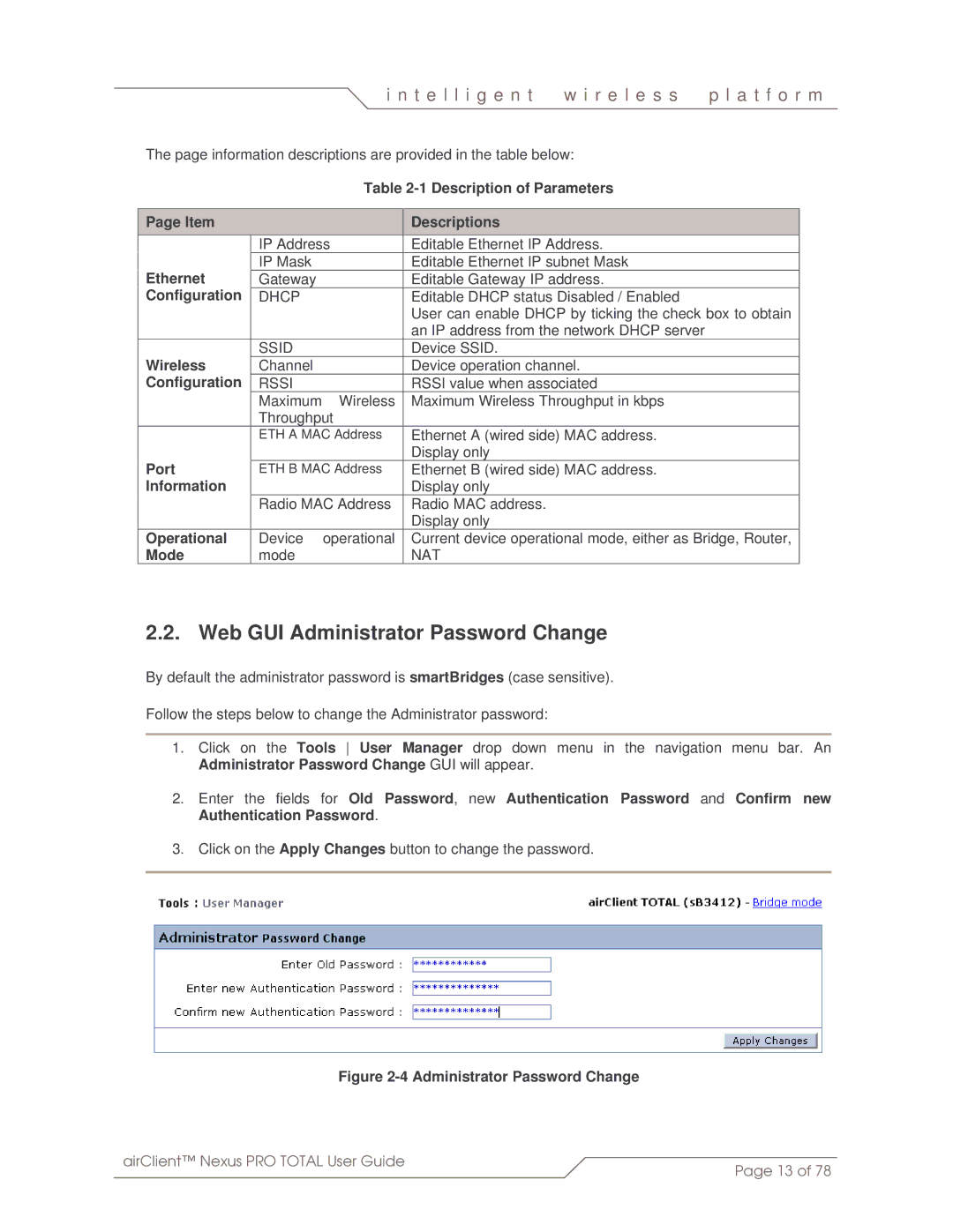 SmartBridges sB3412 manual Web GUI Administrator Password Change 