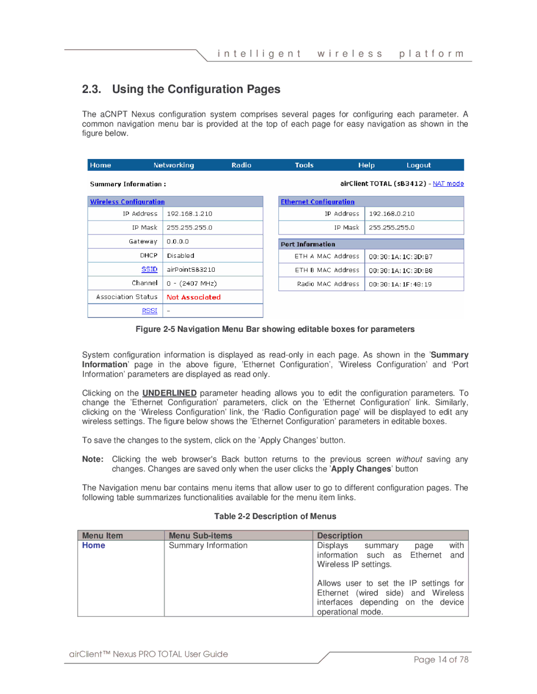 SmartBridges sB3412 manual Using the Configuration Pages, Description of Menus Menu Item Menu Sub-items 