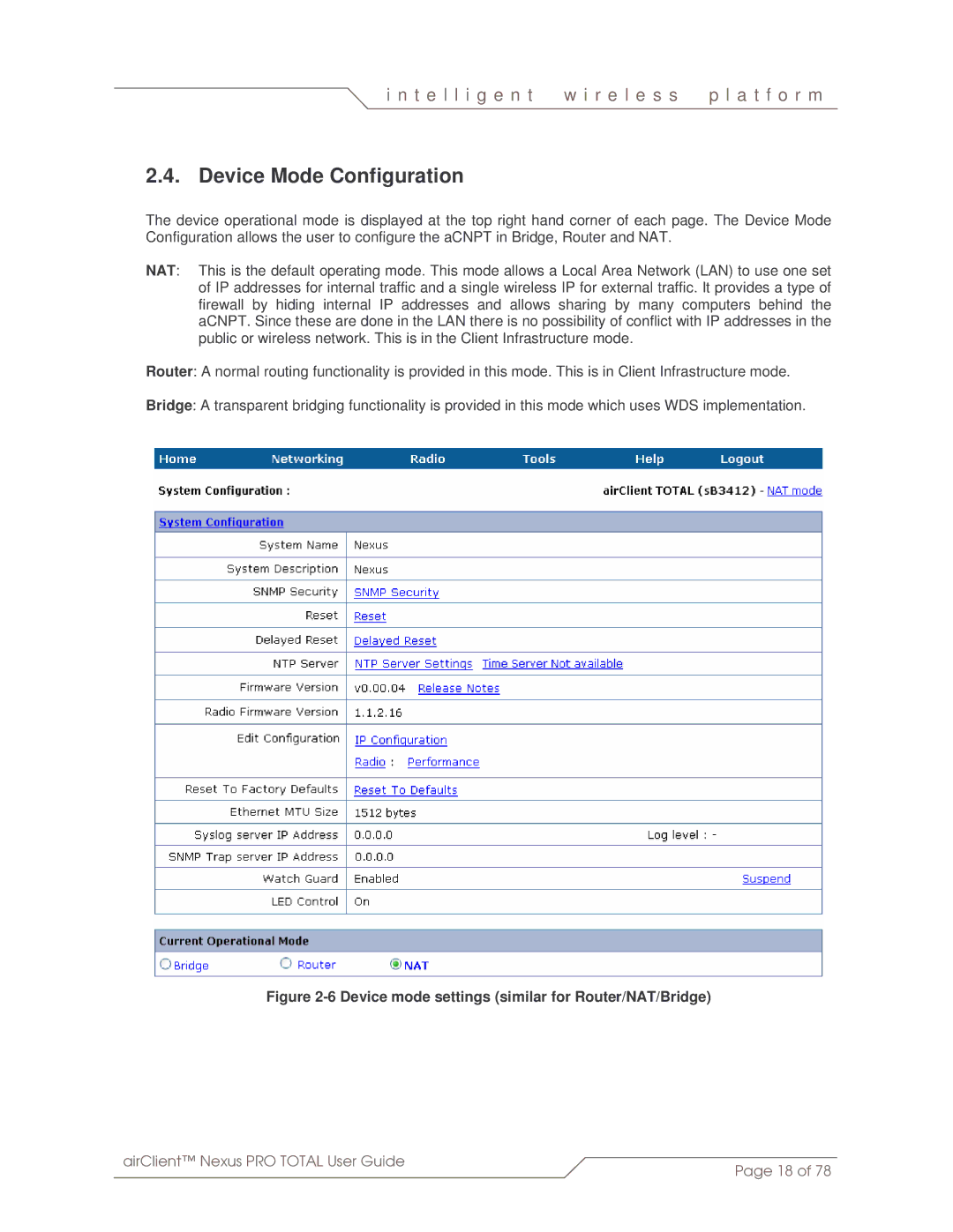 SmartBridges sB3412 manual Device Mode Configuration, Device mode settings similar for Router/NAT/Bridge 