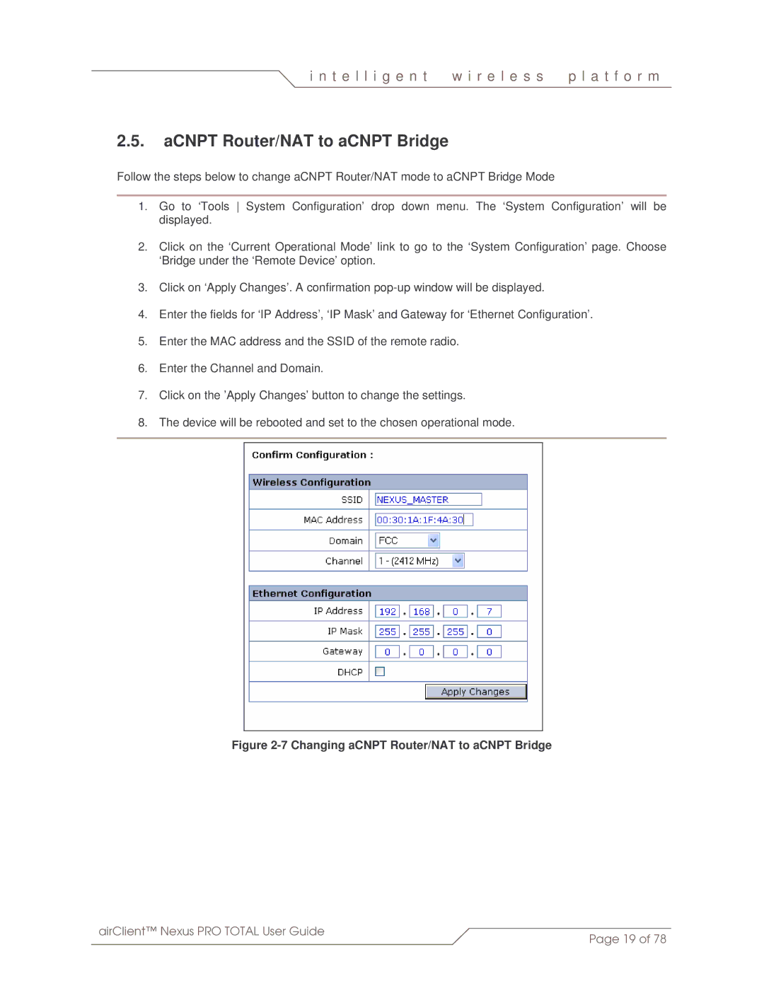 SmartBridges sB3412 manual ACNPT Router/NAT to aCNPT Bridge, Changing aCNPT Router/NAT to aCNPT Bridge 