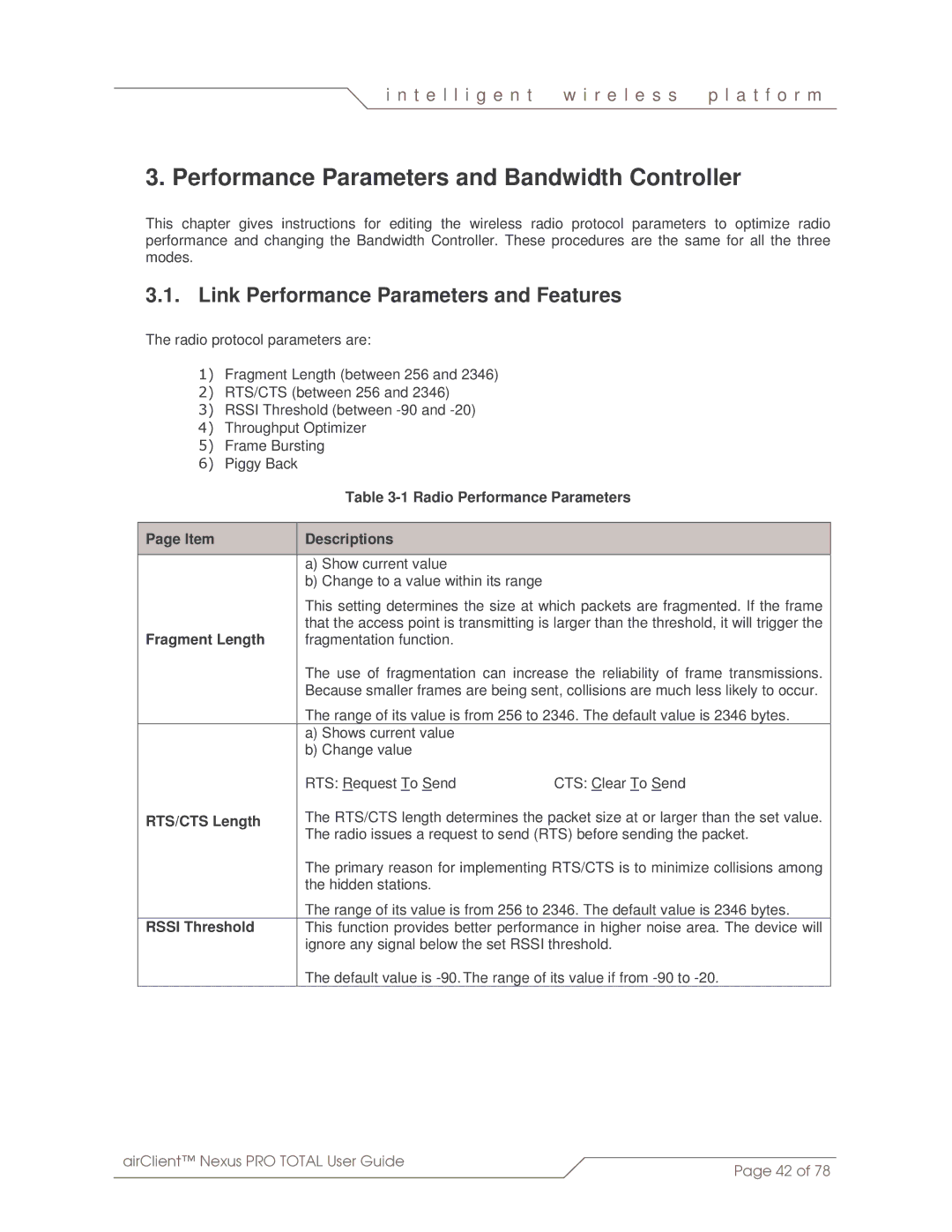 SmartBridges sB3412 manual Performance Parameters and Bandwidth Controller, Link Performance Parameters and Features 