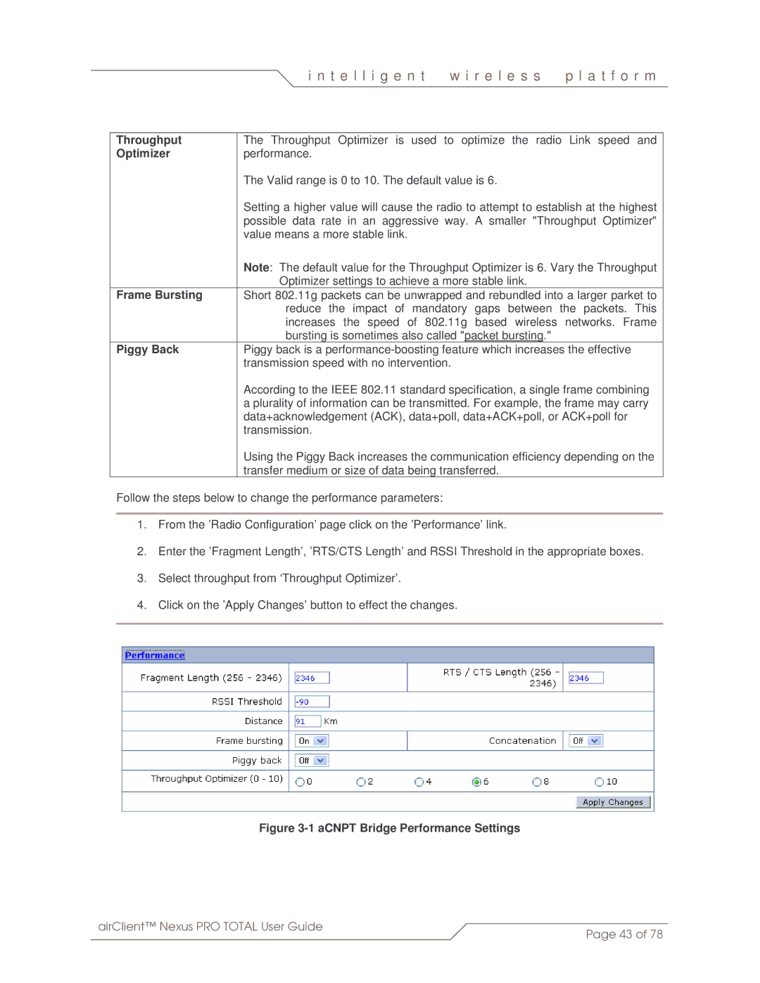 SmartBridges sB3412 manual Throughput, Optimizer, Frame Bursting, Piggy Back 