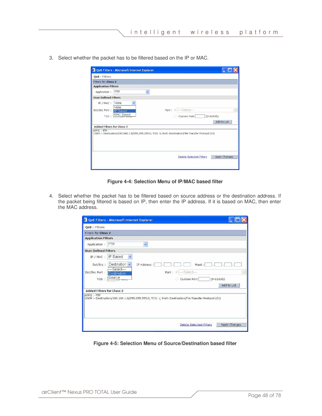 SmartBridges sB3412 manual Selection Menu of IP/MAC based filter 