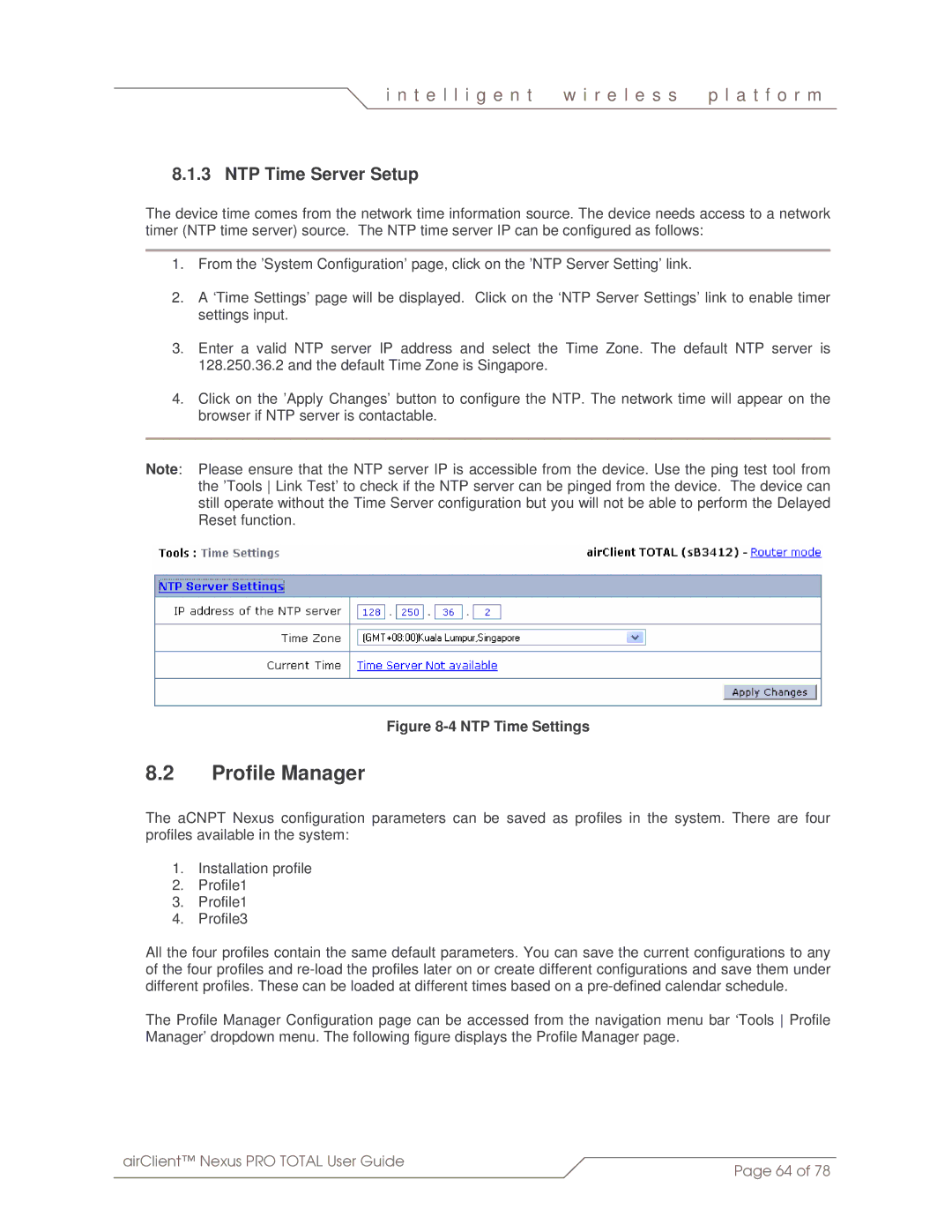 SmartBridges sB3412 manual Profile Manager, NTP Time Server Setup 