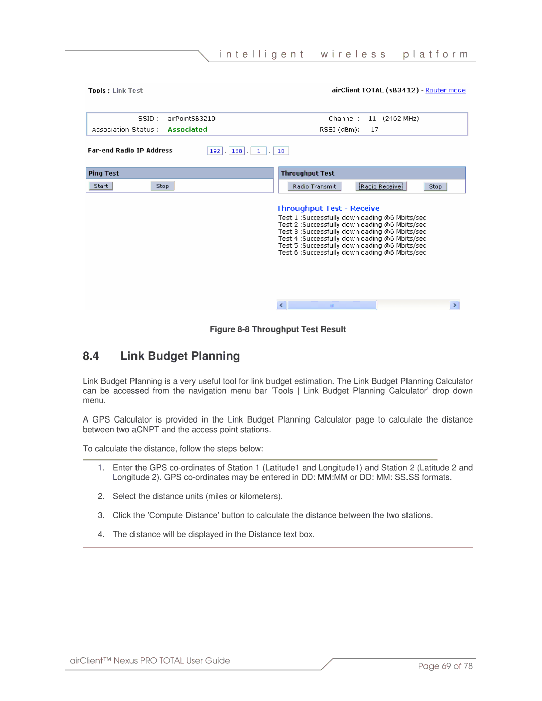 SmartBridges sB3412 manual Link Budget Planning, Throughput Test Result 