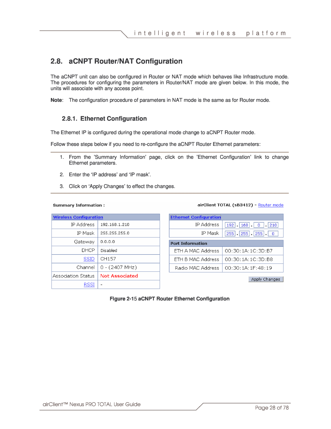 SmartBridges sB3412 manual aCNPT Router/NAT Configuration, Ethernet Configuration, i n t e l l i g e n t, w i r e l e s s 