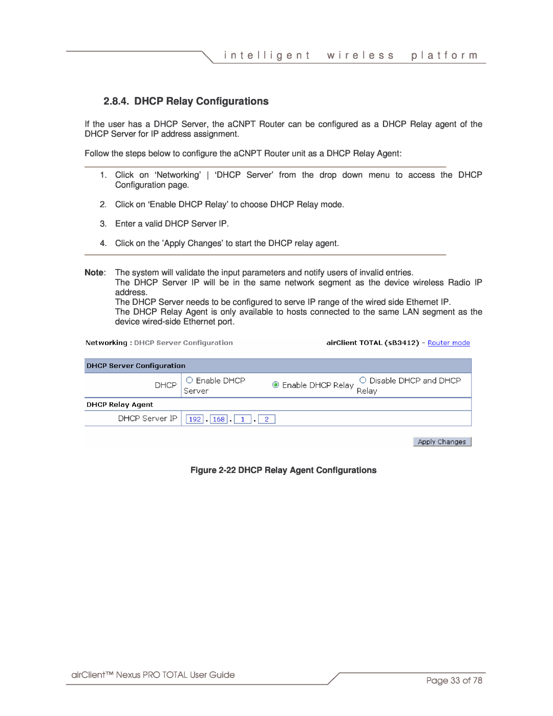 SmartBridges sB3412 manual DHCP Relay Configurations, i n t e l l i g e n t, w i r e l e s s, p l a t f o r m, Page 33 of 