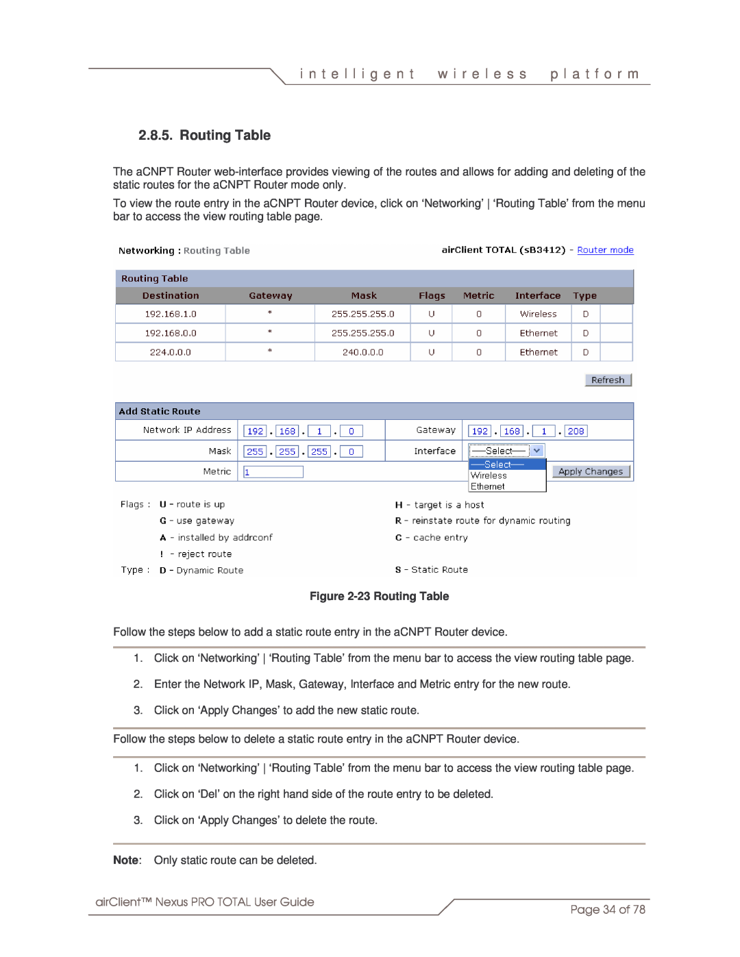 SmartBridges sB3412 manual i n t e l l i g e n t, w i r e l e s s, p l a t f o r m, 23Routing Table, Page 34 of 
