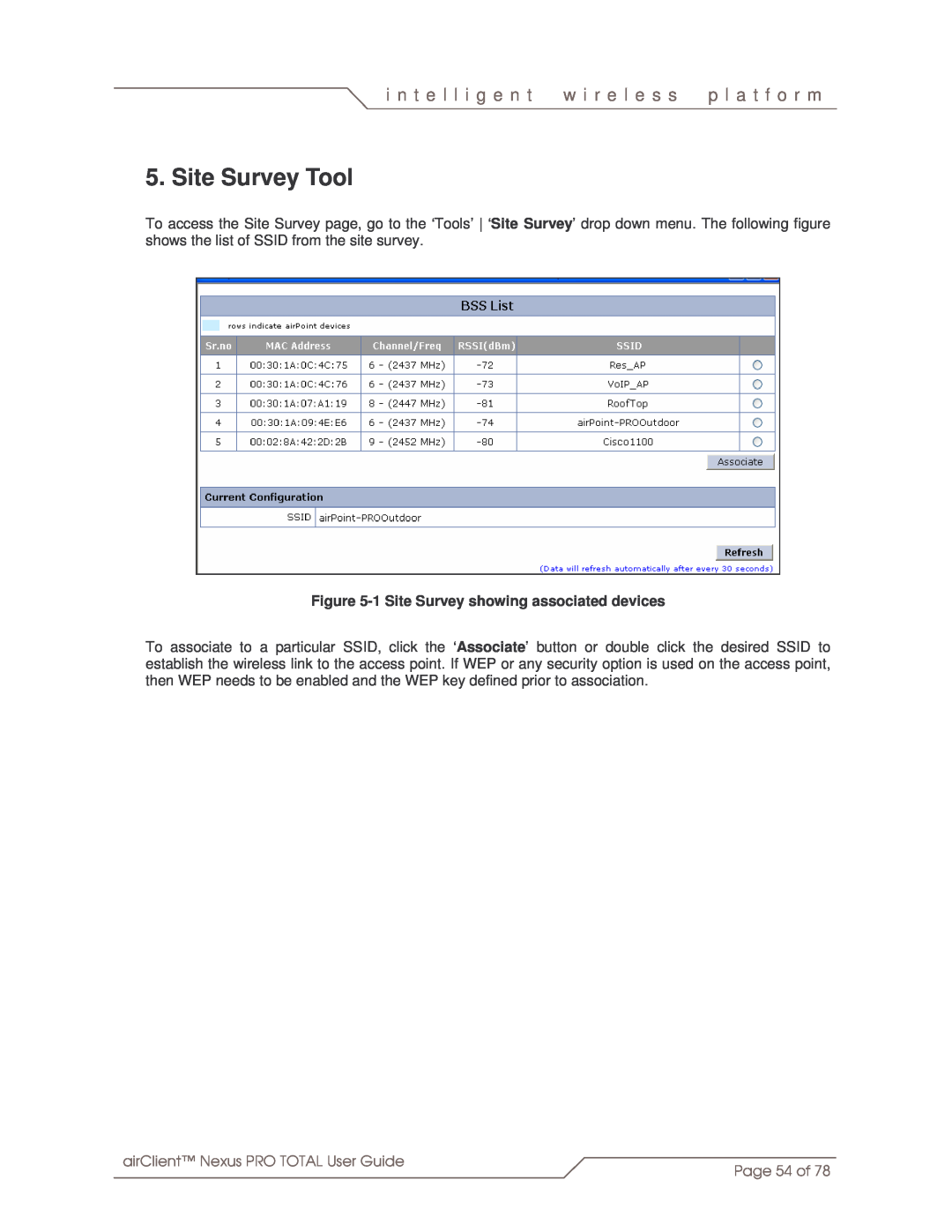 SmartBridges sB3412 manual Site Survey Tool, i n t e l l i g e n t, w i r e l e s s, p l a t f o r m, Page 54 of 