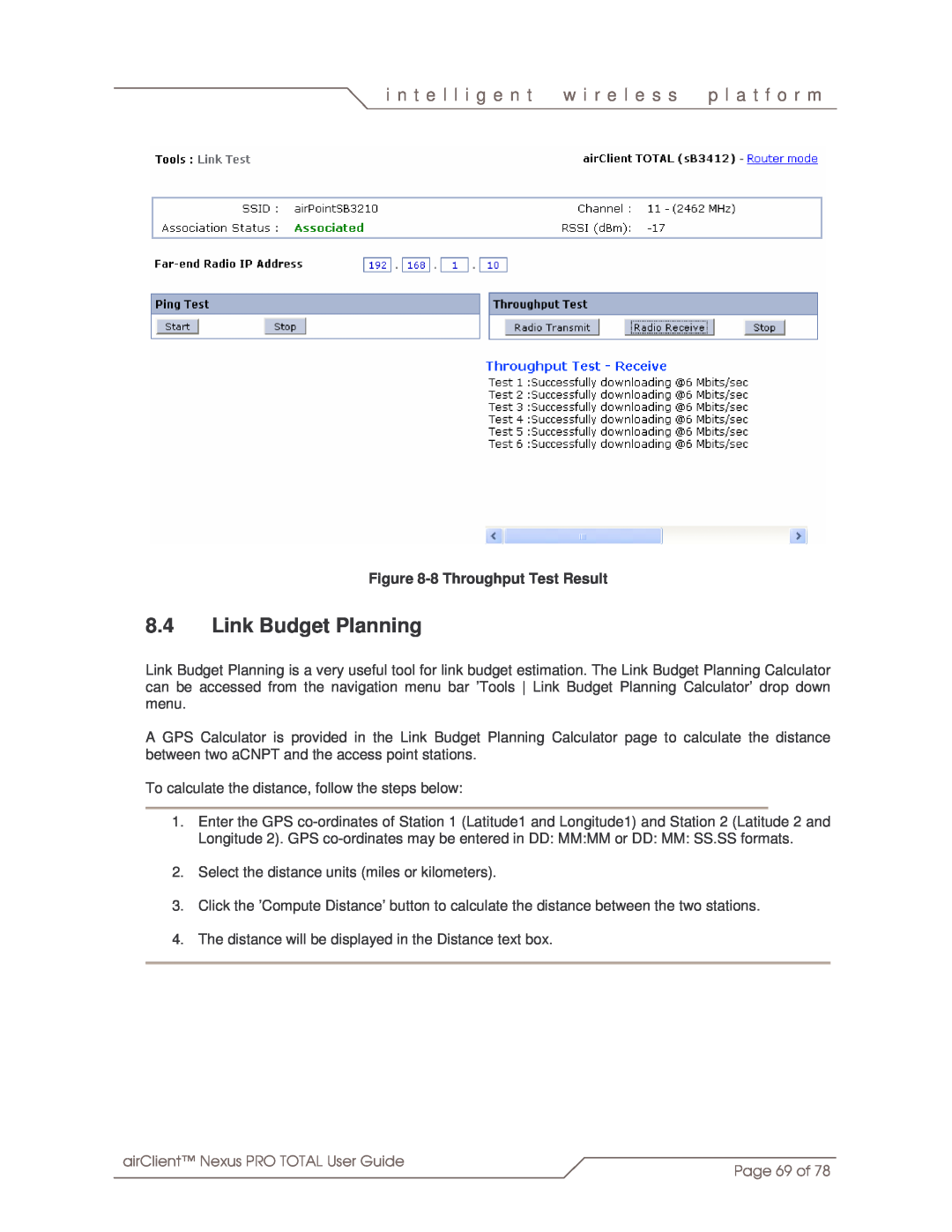 SmartBridges sB3412 manual 8.4Link Budget Planning, i n t e l l i g e n t, w i r e l e s s, p l a t f o r m, Page 69 of 