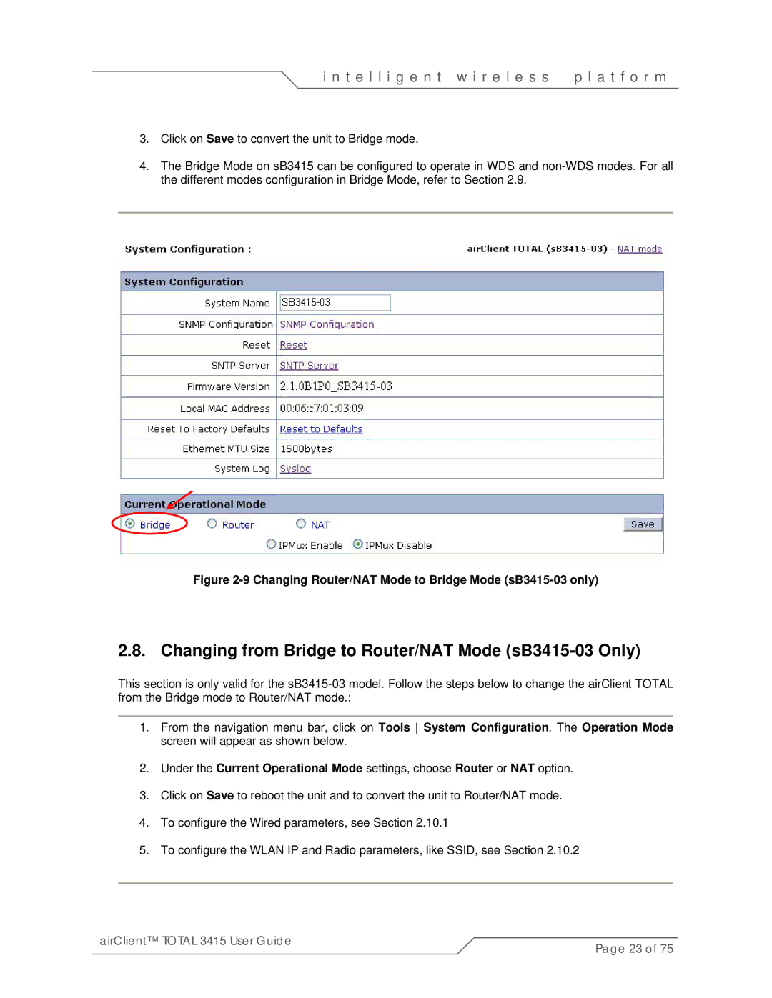 SmartBridges sB3415-01, sB3415-02 manual Changing from Bridge to Router/NAT Mode sB3415-03 Only 