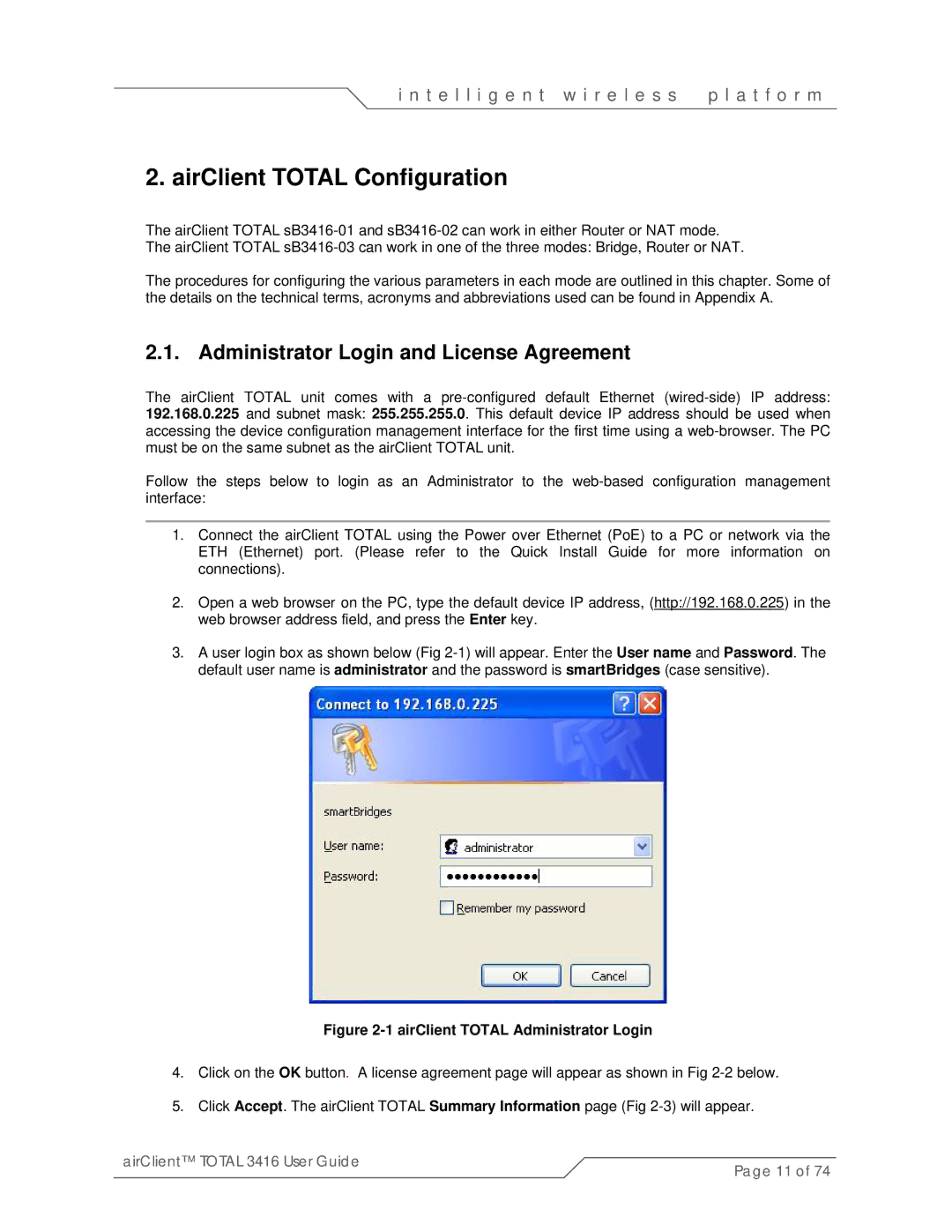 SmartBridges sB3416-02, sB3416-03, sB3416-01 Administrator Login and License Agreement, AirClient Total Administrator Login 