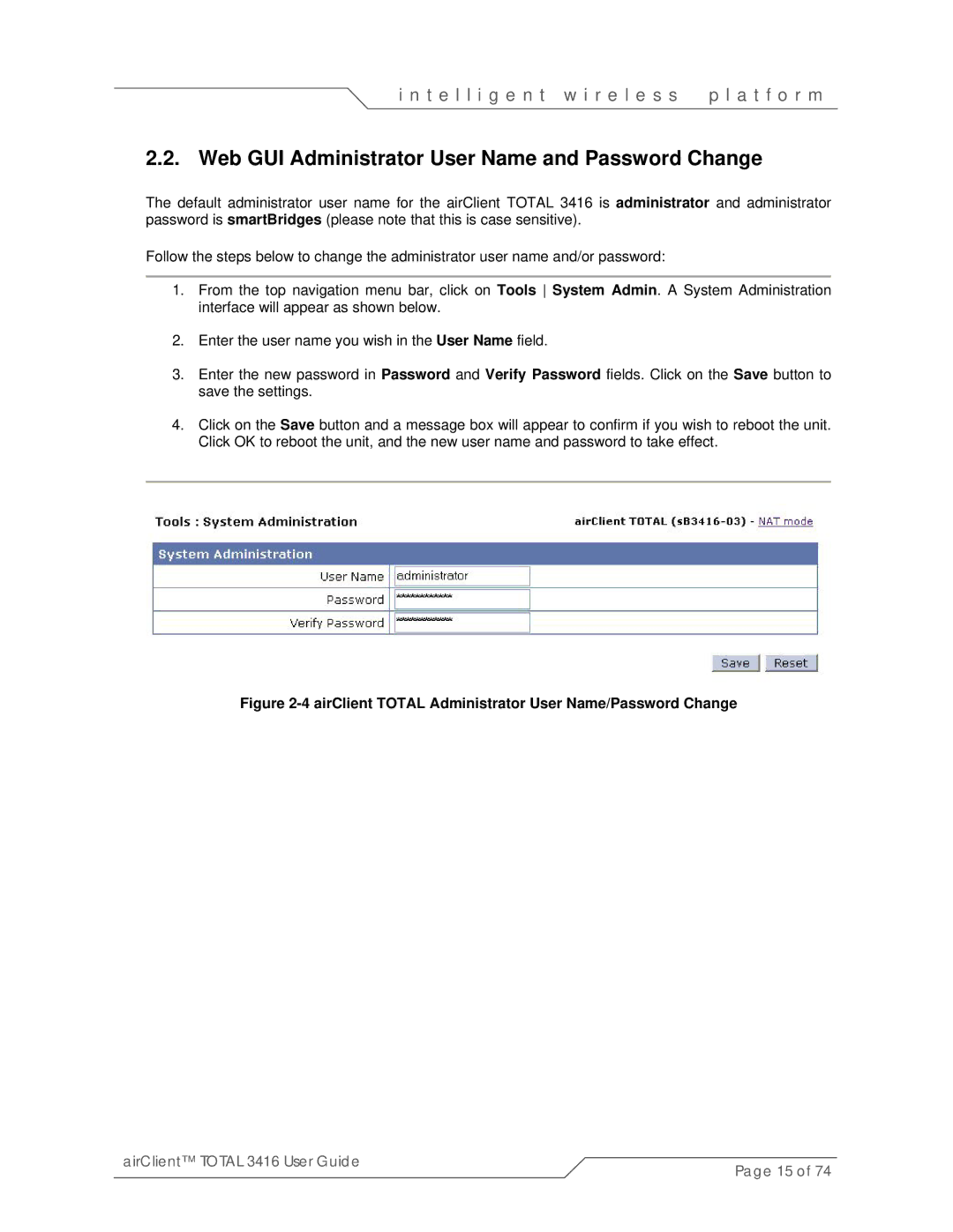 SmartBridges sB3416-03, sB3416-01, sB3416-02 manual Web GUI Administrator User Name and Password Change 