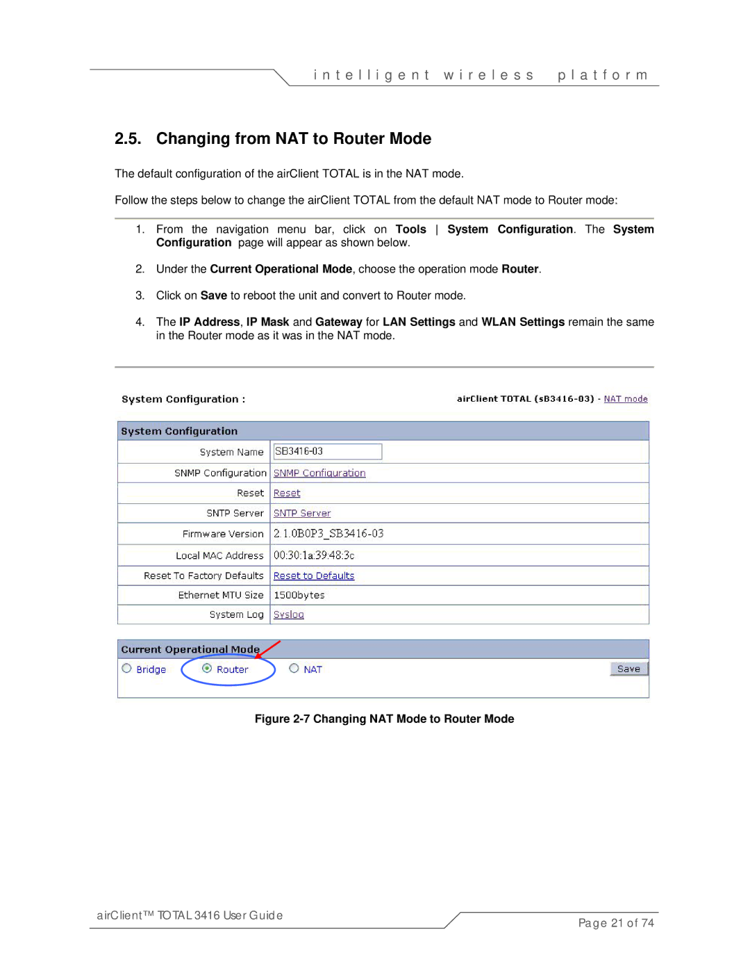 SmartBridges sB3416-03, sB3416-01, sB3416-02 manual Changing from NAT to Router Mode, Changing NAT Mode to Router Mode 