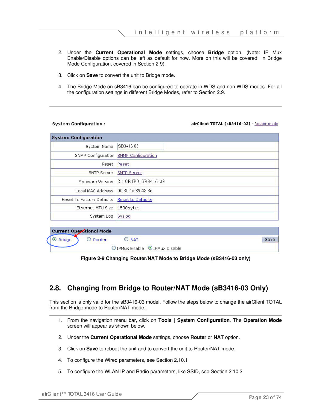 SmartBridges sB3416-02, sB3416-01 manual Changing from Bridge to Router/NAT Mode sB3416-03 Only 