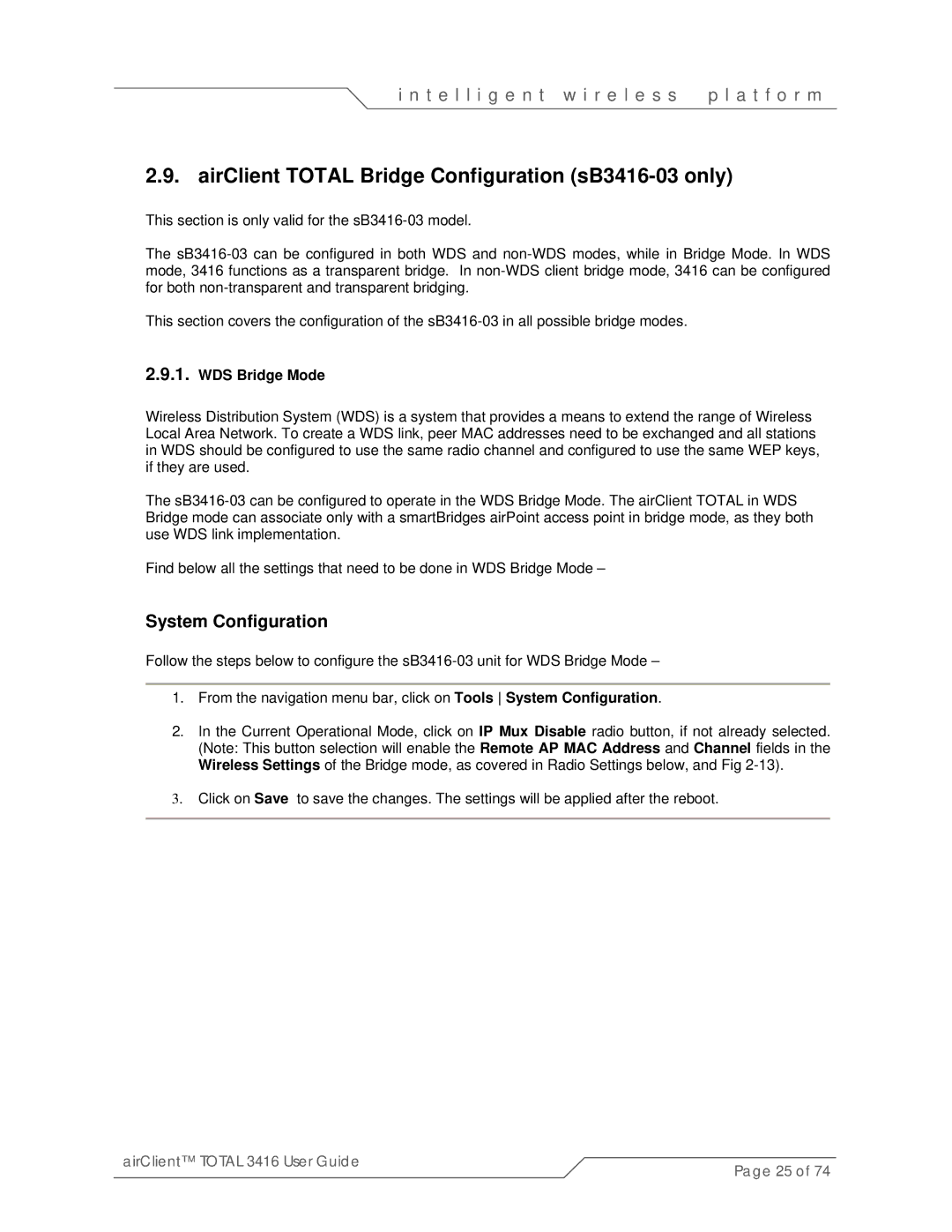 SmartBridges sB3416-01 manual AirClient Total Bridge Configuration sB3416-03 only, System Configuration, WDS Bridge Mode 