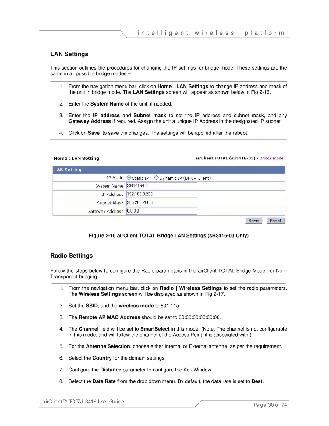 SmartBridges sB3416-01, sB3416-02 manual airClient Total Bridge LAN Settings sB3416-03 Only 